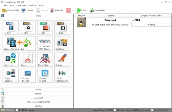FormatFactory – program do konwersji wideo, audio i obrazów. Widoczny ekran główny z opcjami konwersji MP4, MKV, GIF, WebM.