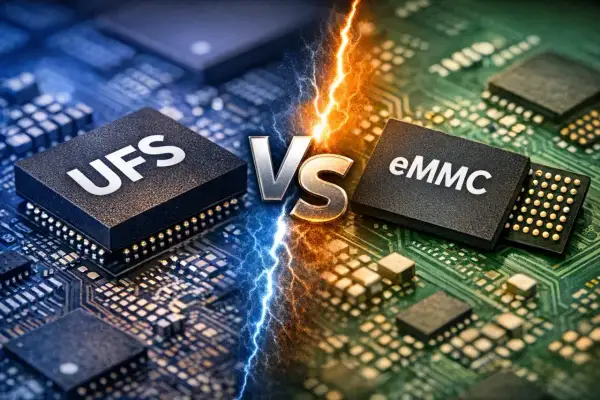 UFS kontra eMMC na tle obwodów drukowanych. Błyskawice symbolizują starcie technologii.
