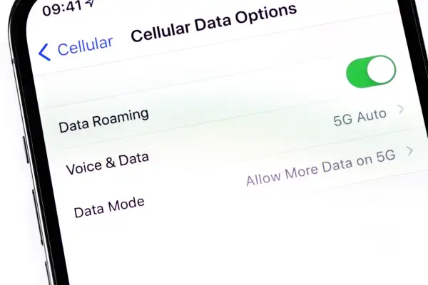 Ustawienia telefonu: jak sprawdzić czy mam włączony roaming. Widoczny przełącznik "Data Roaming" jest zielony, co oznacza, że roaming jest aktywny.