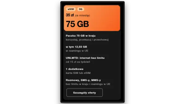 Orange internet mobilny bez limitu: 75 GB za 35 zł/miesiąc, rozmowy i SMS-y bez limitu. Dostępny eSIM i 5G.