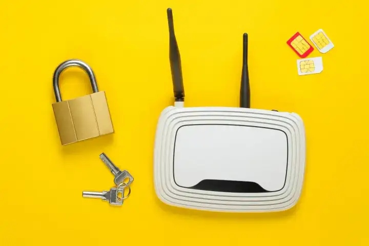 Router z antenkami, kłódka, klucze i karty SIM. To wszystko, czego potrzebujesz, by mieć internet na kartę do routera.